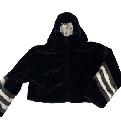 Jacke mit Kapuze in schwarzem Kunstfell