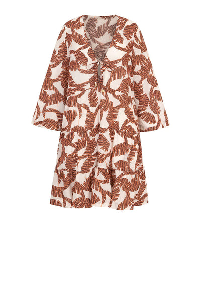 ropischer Heidi-Klein-Kaftan ‚Little Compton‘ aus Seidenbaumwolle mit Palmenmuster und tiefem, locker fallendem V-Ausschnitt in Weiss und Braun.