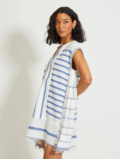 ELINA Kurzes Kaftan Kleid aus Baumwolle mit Fransen - Weiss