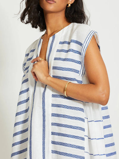 ELINA Kurzes Kaftan Kleid aus Baumwolle mit Fransen - Weiss