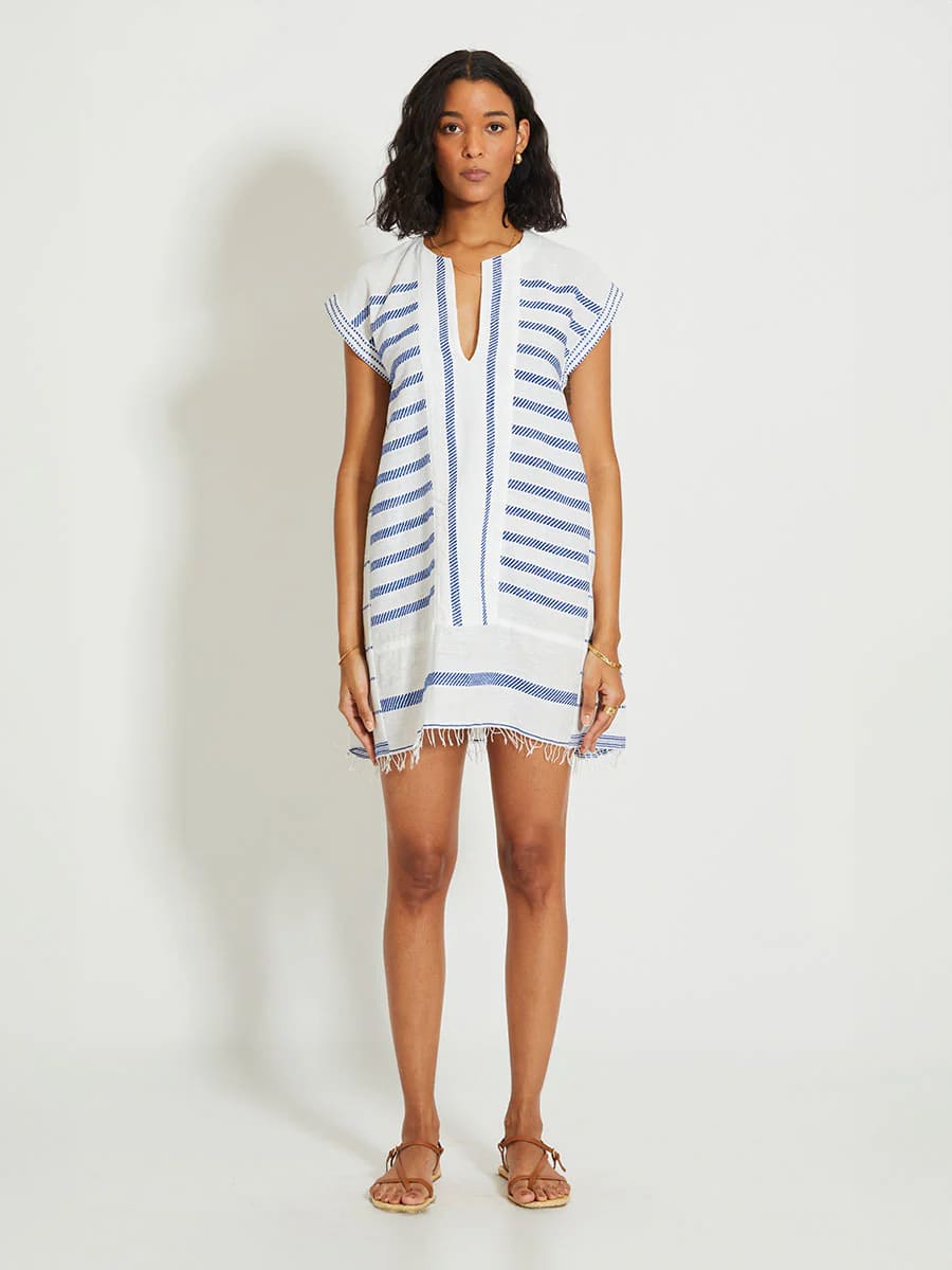 ELINA Kurzes Kaftan Kleid aus Baumwolle mit Fransen - Weiss