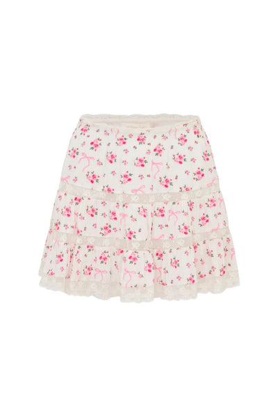 Viro Mini Skirt mit Spitzendetails erhältlich in Weiss/Blau (abgebildet in Weiss/Pink)