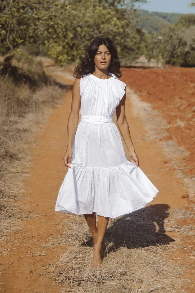 Malta Midi Kleid mit Schleife - Weiss