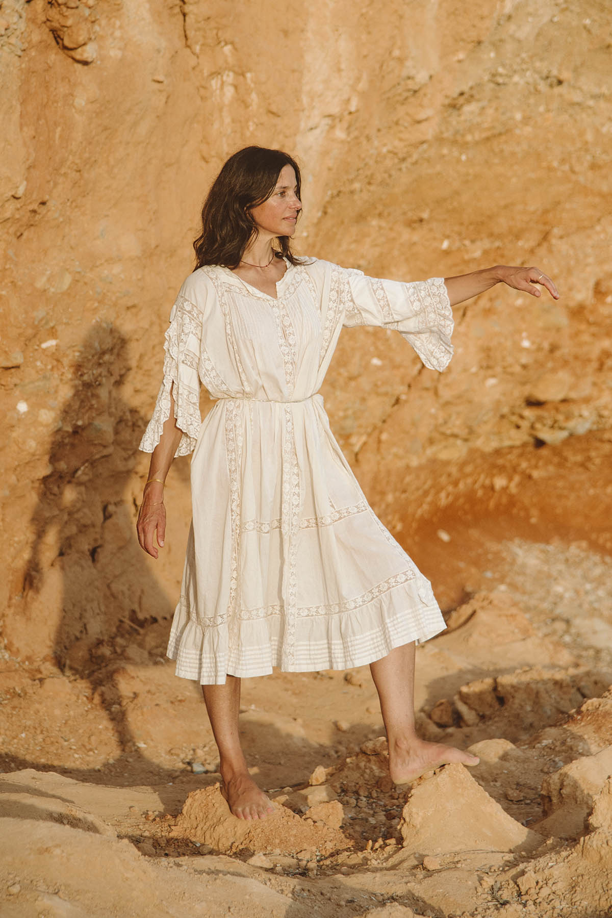 San Tropez Maxi Kleid mit Spitzenbesatz - Creme