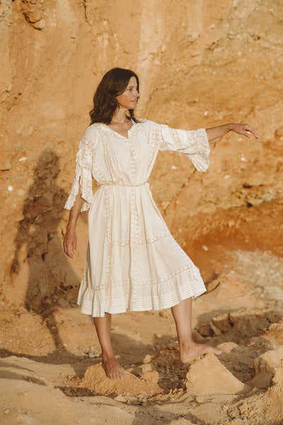 San Tropez Maxi Kleid mit Spitzenbesatz - Creme