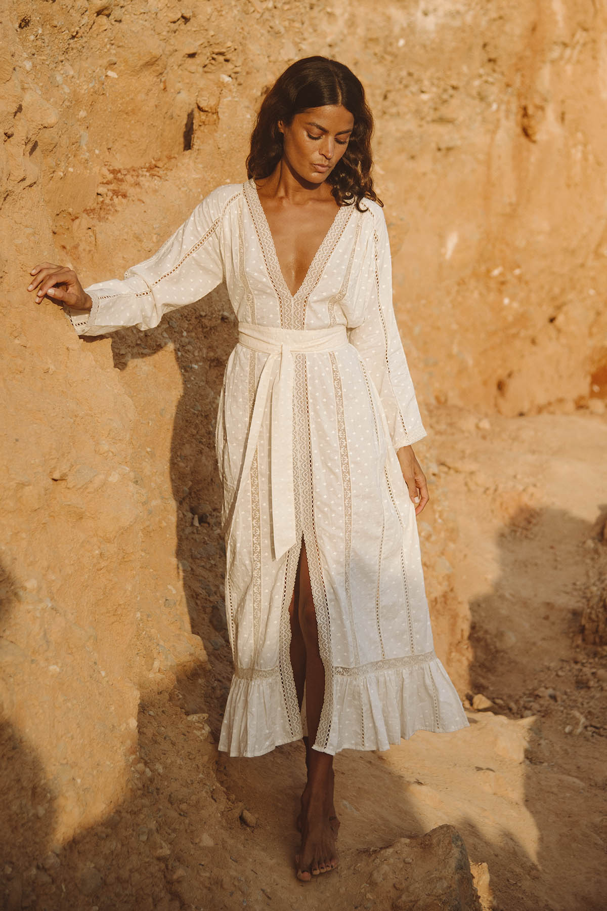 Milena Midi Kleid mit Spitzeneinsatz - Creme