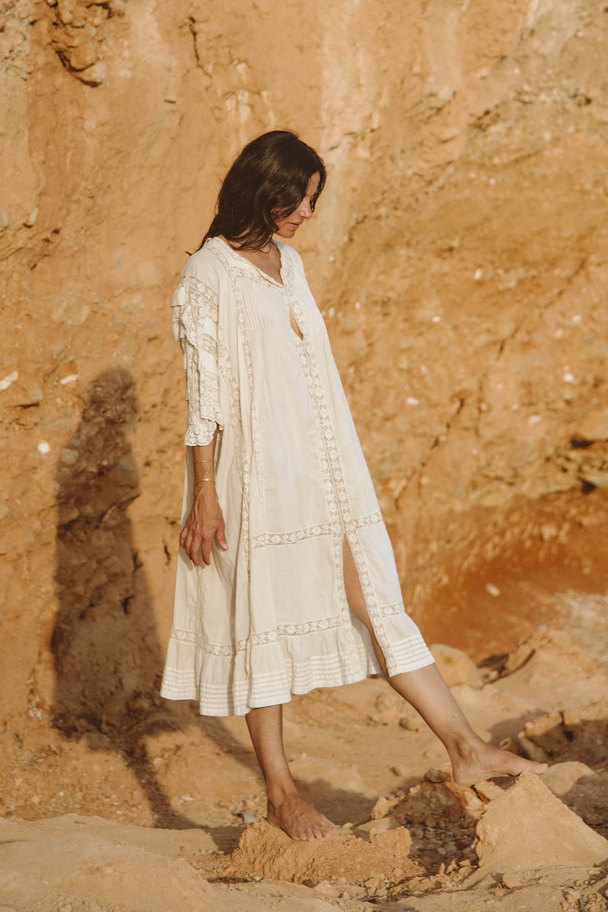 San Tropez Maxi Kleid mit Spitzenbesatz - Creme
