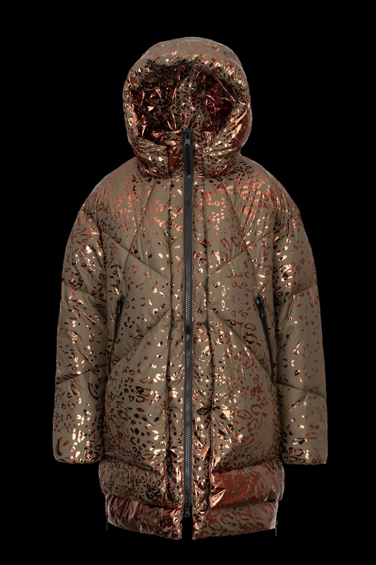 Wattierter brauner Mantel von Canadian aus 100 % Polyester mit metallischem Finish und Tierprint, mittellang mit Kapuze, hohem Kragen und Reißverschlusstaschen – modische, warme Outdoor-Jacke