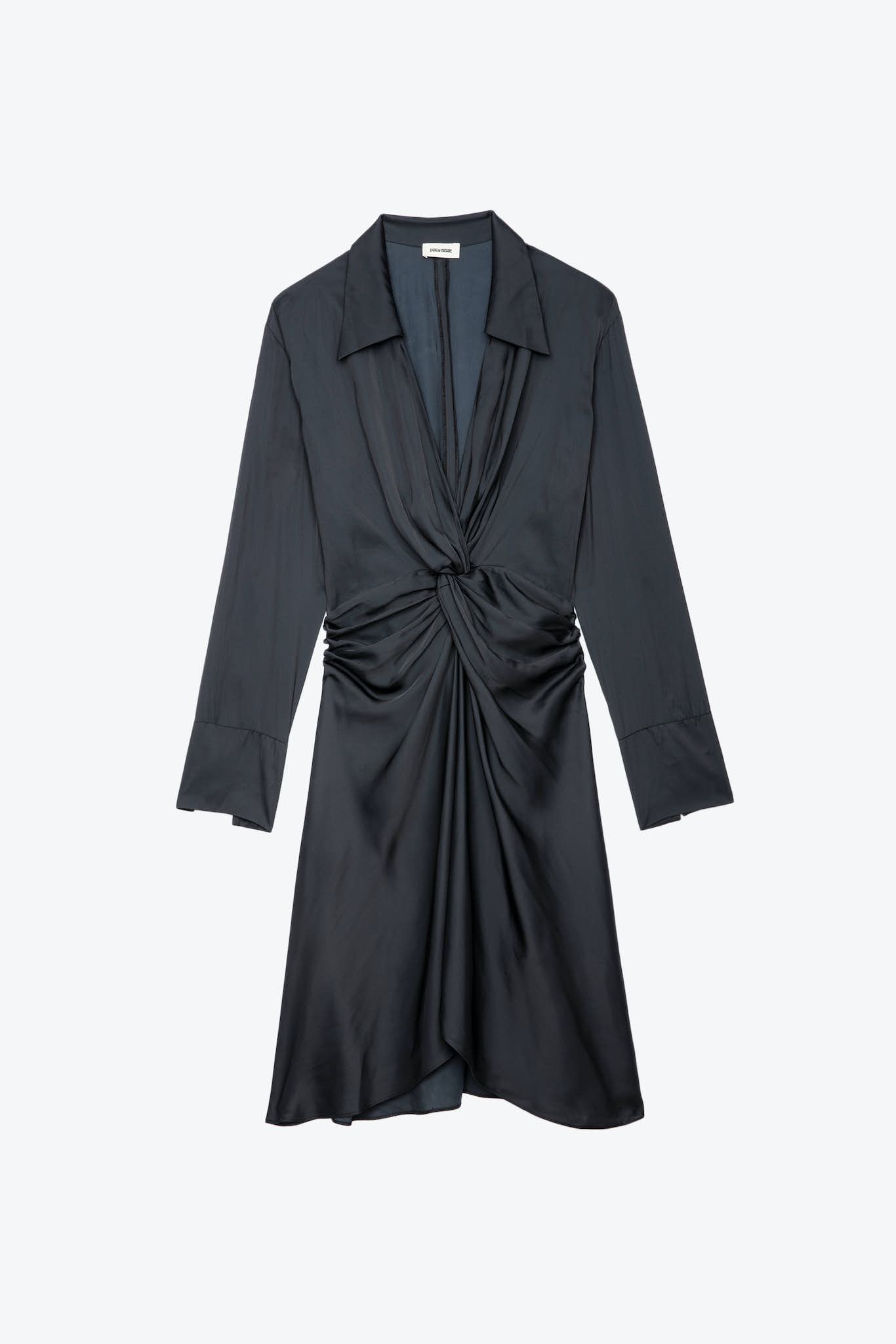 Schwarzes halblanges Satin-Kleid Rozo von Zadig & Voltaire mit taillierter Drapierung.