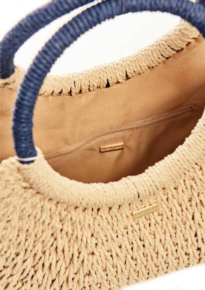 Melissa Odabash Strandtasche „Sorrento“ aus Naturfaser mit blauen Akzenten und dekorativen Bommeln – edles Sommer-Accessoire für den Strand oder die Promenade