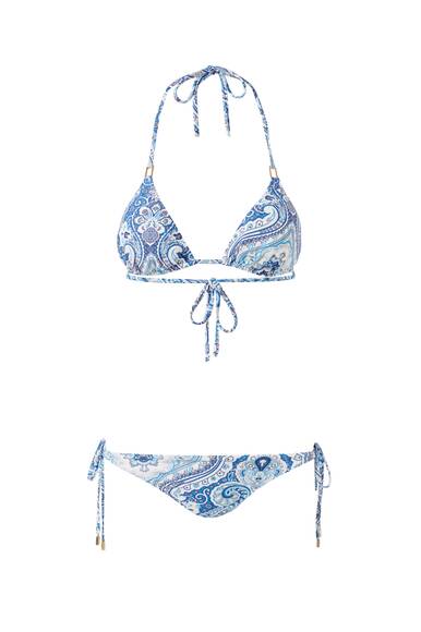 Romantischer Triangel-Bikini von Melissa Odabash mit blau-weißem Paisley-Muster – edles Design für entspannte Sommertage am Meer