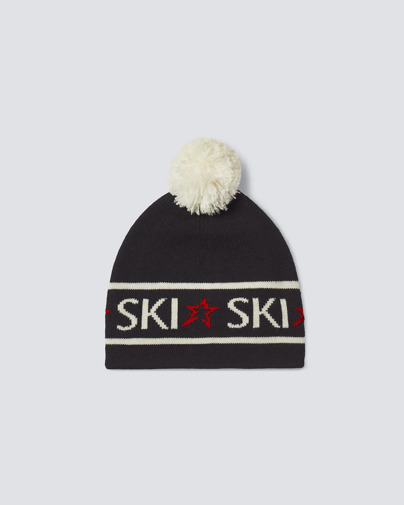 Schwarze Strick-Skimütze mit Bommel, Perfect Moment Ski-Logo und roten Sternen, warm und stylisch
