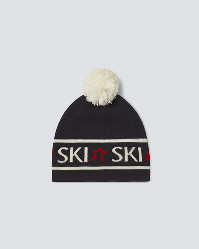 Schwarze Strick-Skimütze mit Bommel, Perfect Moment Ski-Logo und roten Sternen, warm und stylisch