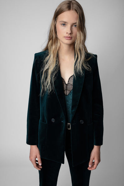 Peacock-grüne Samtjacke von Zadig & Voltaire mit Reverskragen und zweireihiger Knopfleiste.