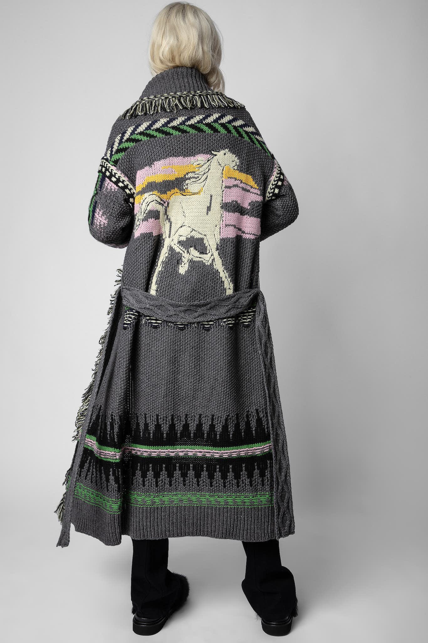 Damen-Wollmantel in Anthrazit von Zadig & Voltaire mit Pferdemotiv, Fransen und mehrfarbigen Motiven.