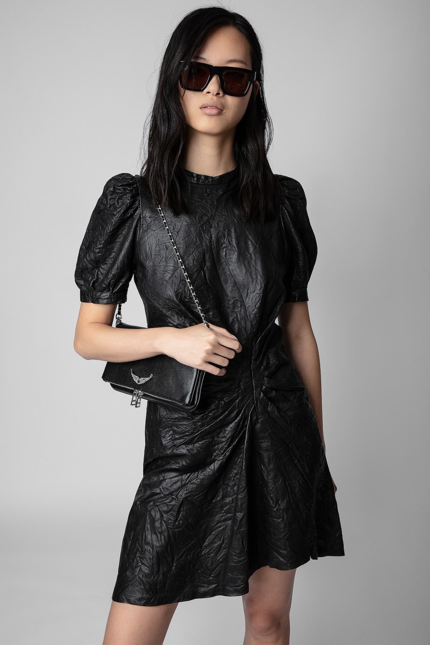 Kleid Rixe aus Knitter Leder - Schwarz