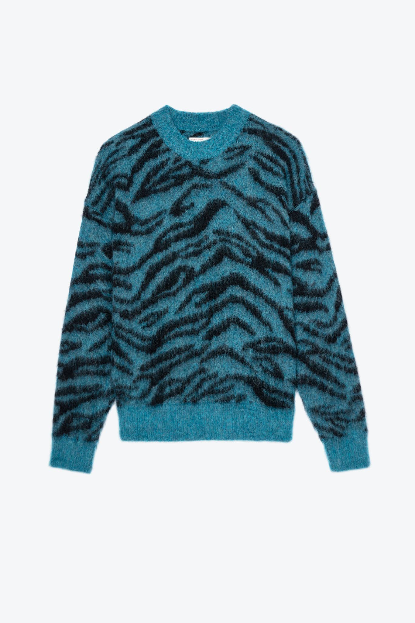 Blauer Damenpullover von Zadig & Voltaire mit Tigerprint und geripptem Rundhalsausschnitt.
