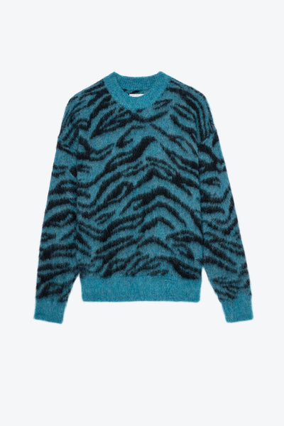 Blauer Damenpullover von Zadig & Voltaire mit Tigerprint und geripptem Rundhalsausschnitt.