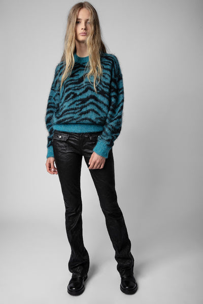 Gestrickter Damenpullover von Zadig & Voltaire in Blau mit trendigem Tigerprint.