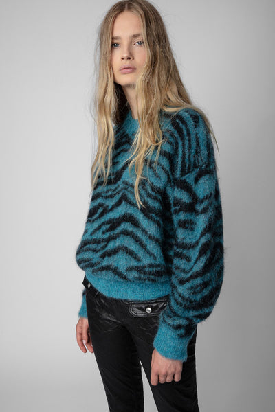 Blauer gestrickter Pullover Rita Tiger von Zadig & Voltaire mit Tigerprint und Rundhalsausschnitt.