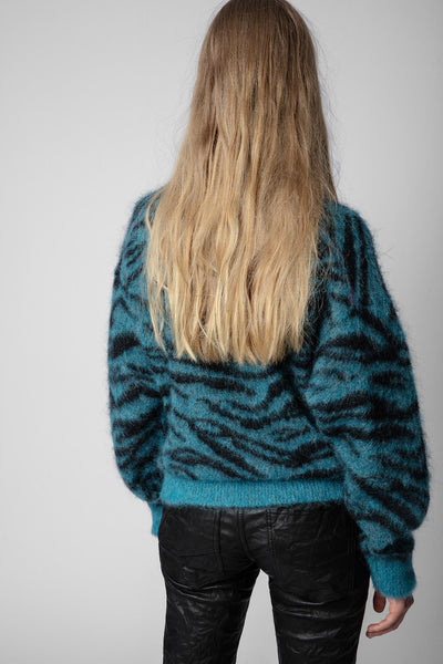 Damen-Pullover aus blauem Strick von Zadig & Voltaire mit langem Arm und Tiger-Motiv.