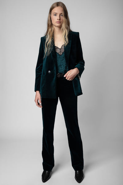 Weite grüne Samthose von Zadig & Voltaire in Petrol mit geradem Schnitt.