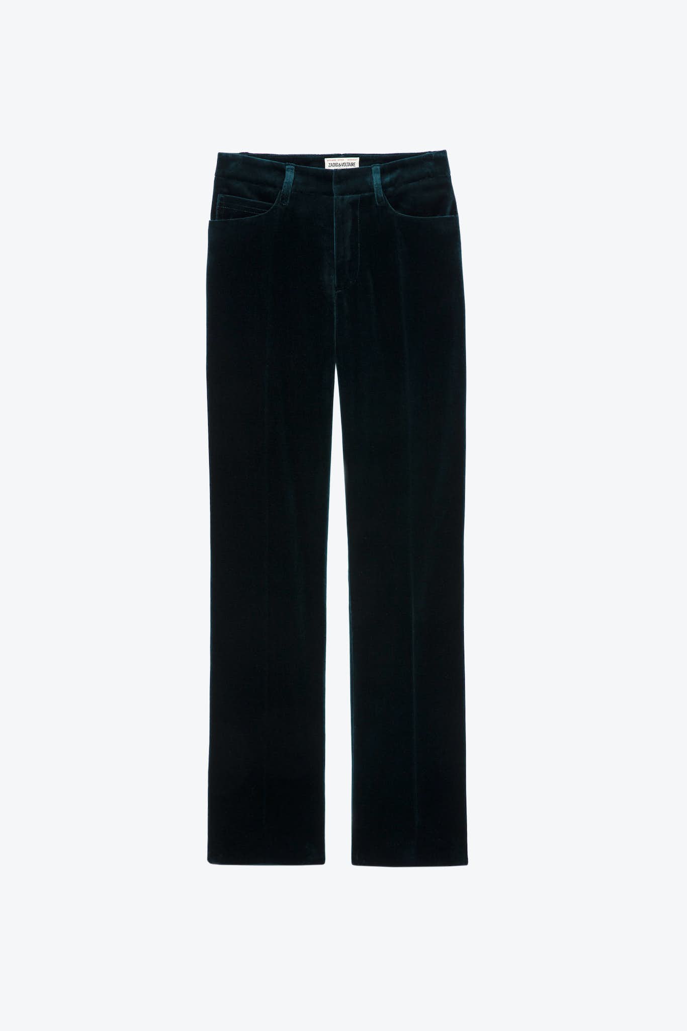 Gerade geschnittene Peacock-Green Samt Hose von Zadig & Voltaire mit ZV-Naht hinten.