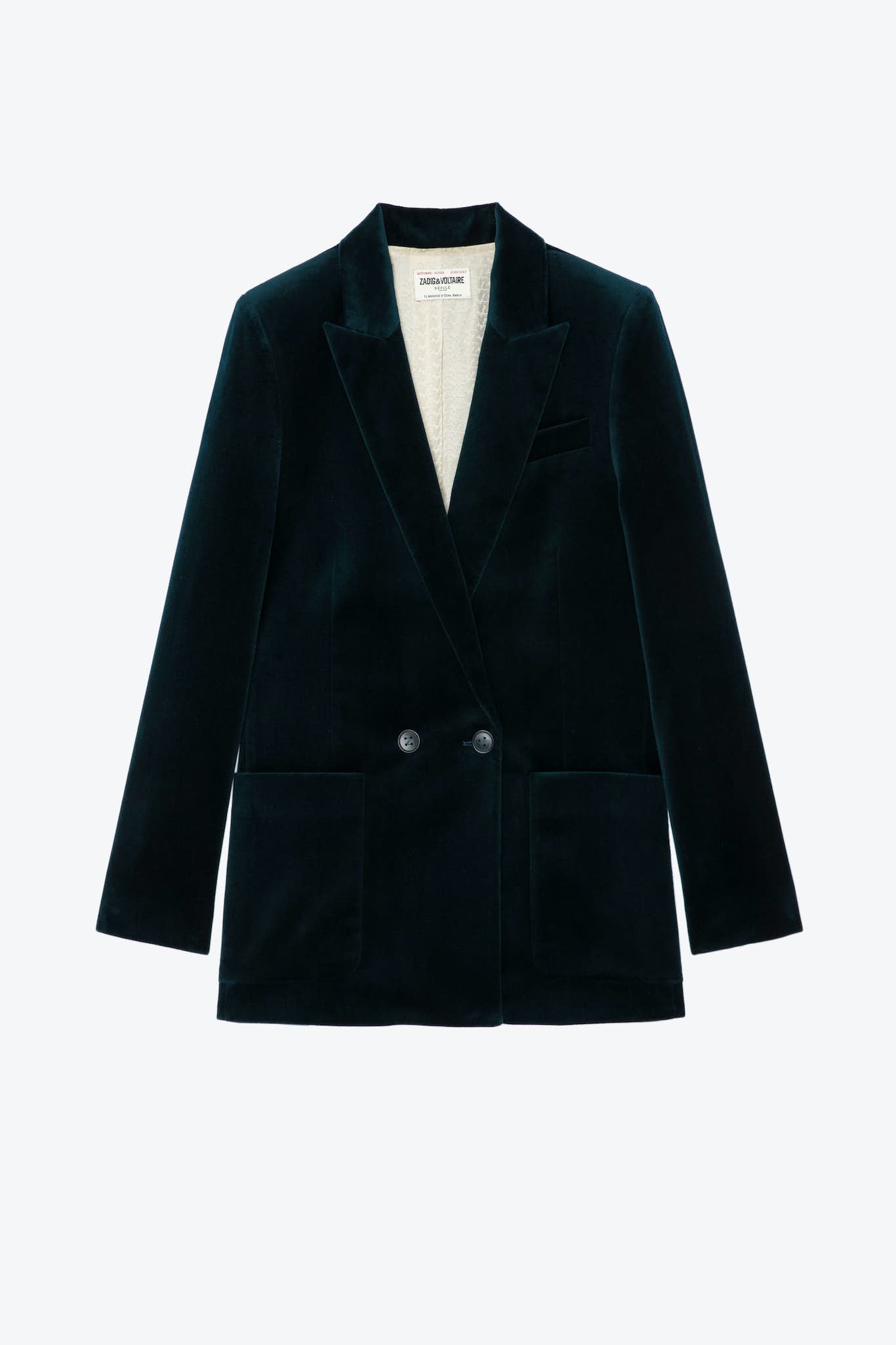 Elegante grüne Samtjacke von Zadig & Voltaire mit Doppelknopfverschluss in Petrol Grün.