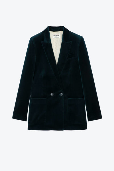 Elegante grüne Samtjacke von Zadig & Voltaire mit Doppelknopfverschluss in Petrol Grün.
