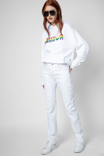 Bio-Baumwoll-Sweatshirt in Weiß von Zadig & Voltaire mit farbigem Amour-Print vorne.