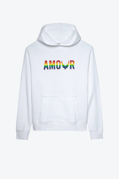 Weißes langärmliges Hooded Sweatshirt von Zadig & Voltaire mit Amour-Druck in buntem Design.