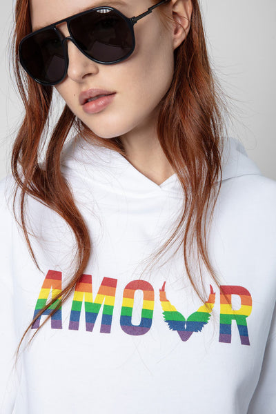 Damen-Sweatshirt aus weißer Baumwolle von Zadig & Voltaire mit buntem Amour-Motiv in Regenbogenfarben.