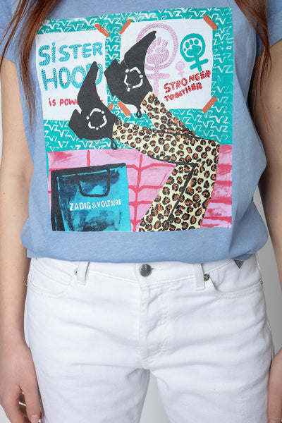 Blaues Baumwollshirt mit kurzen Ärmeln und speziellem Shoes-Motiv der Kapselkollektion Zadig + Voltaire.