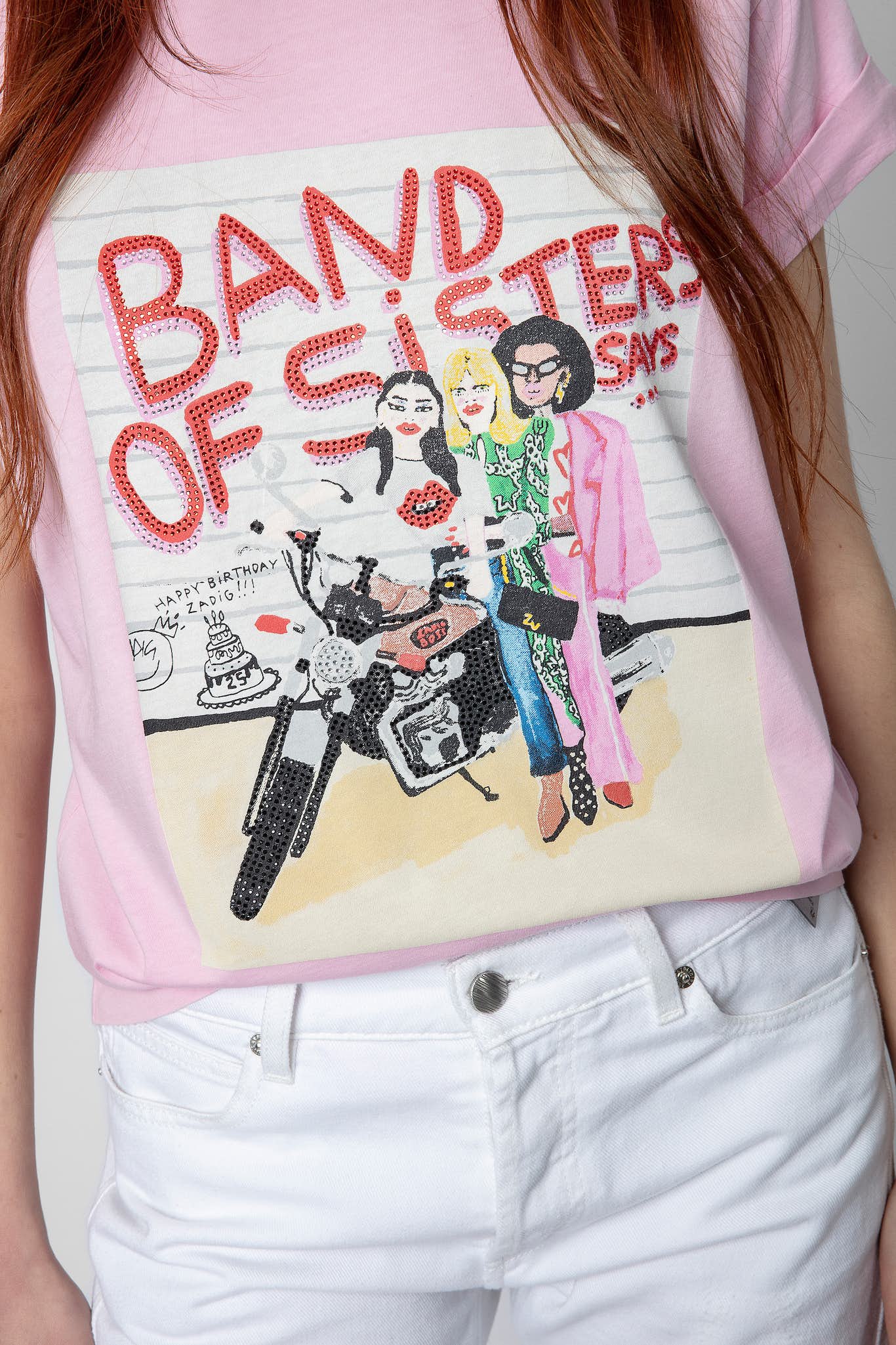 Kurzes rosa Baumwollshirt mit Motorrad-Print aus der Zadig + Voltaire Band of Sisters Edition.
