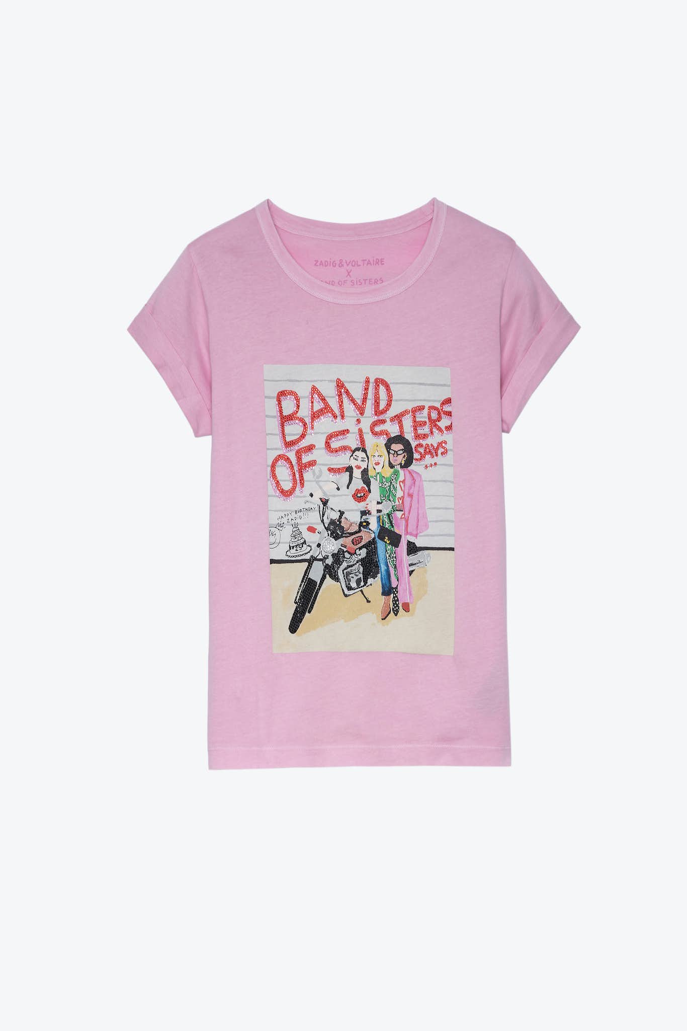 Damen-T-Shirt in Candy Pink mit Motorrad-Illustration mehrfarbig von Zadig & Voltaire.