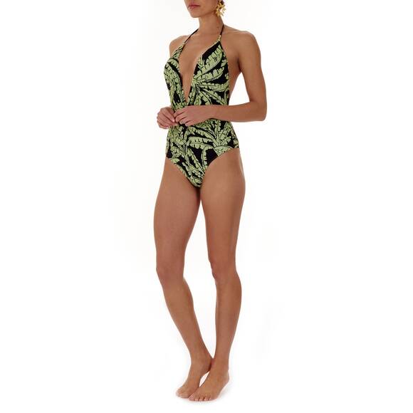 Swimsuit printed in Deco Leaves Print, patterned green