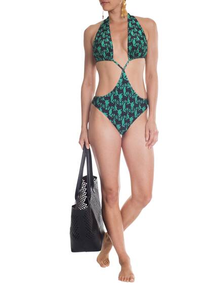 Swimsuit with cut out in Deco Panther pattern, green