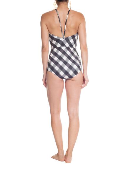 Swimsuit with halter neck in gingham pattern, black/white
