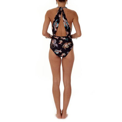 Swimsuit with unicorn print, black patterned