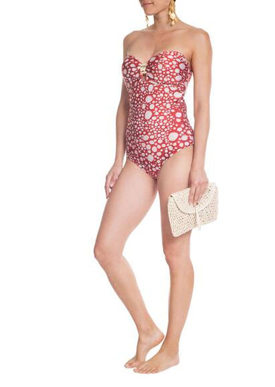 Bandeau swimsuit in Ray Fish pattern, red