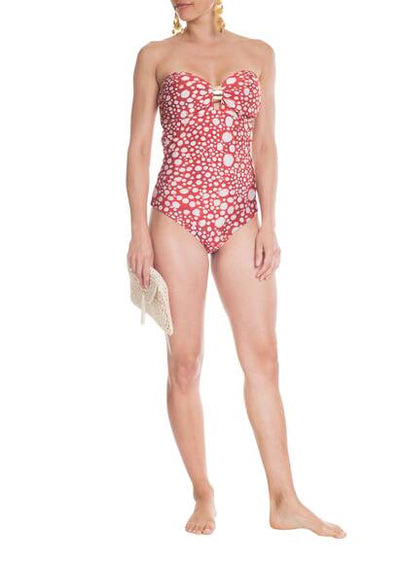Bandeau swimsuit in Ray Fish pattern, red