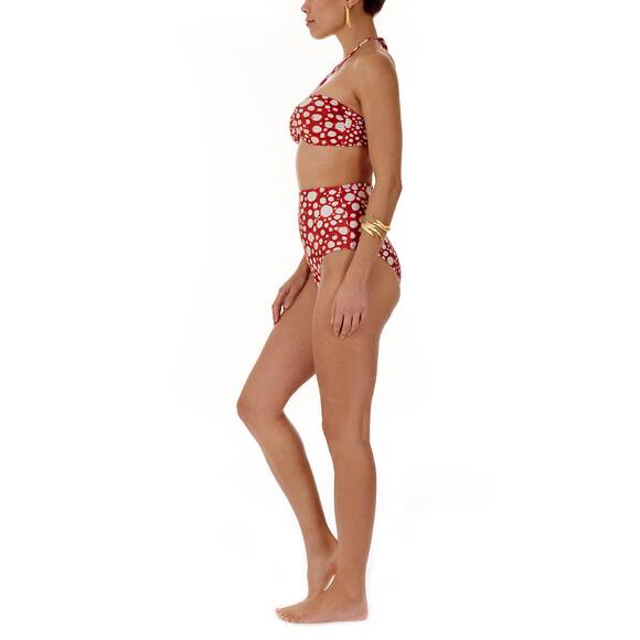 Bandeau bikini with high-waisted pants, red patterned
