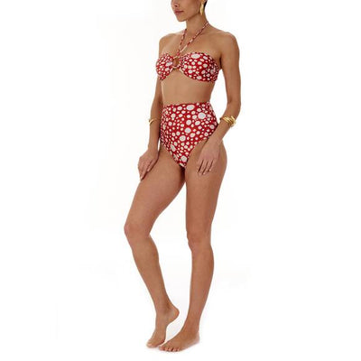 Bandeau bikini with high-waisted pants, red patterned