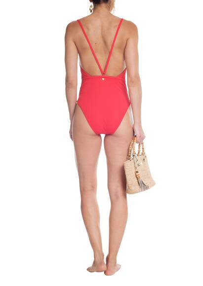 Cheeky swimsuit with belt, red