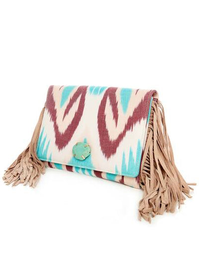 Clutch handmade with leather fringes, multicolored