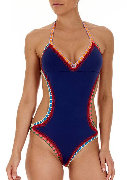 Tasmin swimsuit with cut-out and multicolored crochet trimmings in navy
