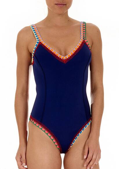 Tasmin swimsuit with multicolored crochet trim, navy