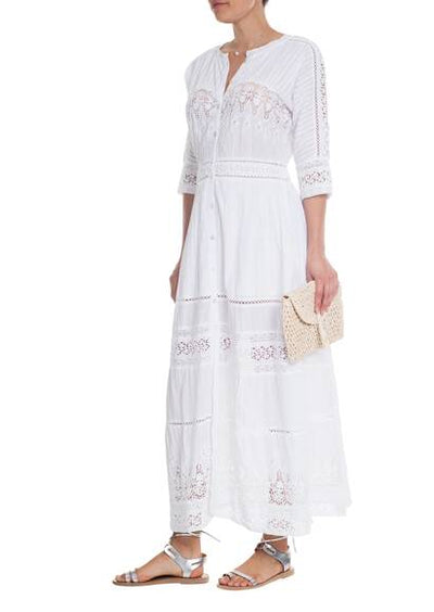 Elegantes schwarzes Kleid aus Baumwolle mit Spitze, kurzen Ärmeln und vorderer Knopfleiste.