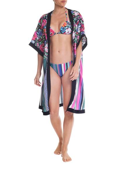 Kimono Cover Up Flora Stripe, fuschia