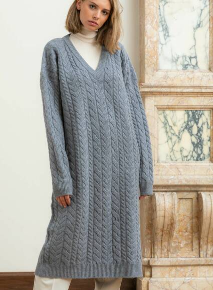 Kaschmir-Woll-Kleid im Zopfmuster, grau